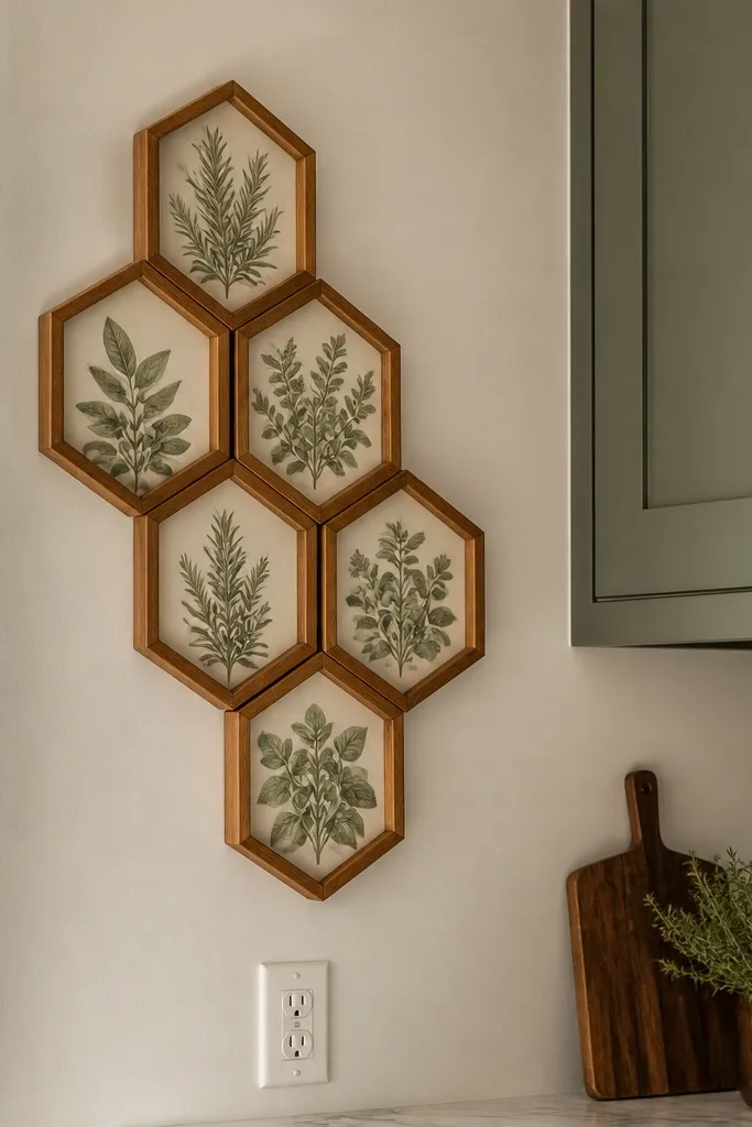 A cluster of small hexagon frames in warm wood with botanical kitchen prints