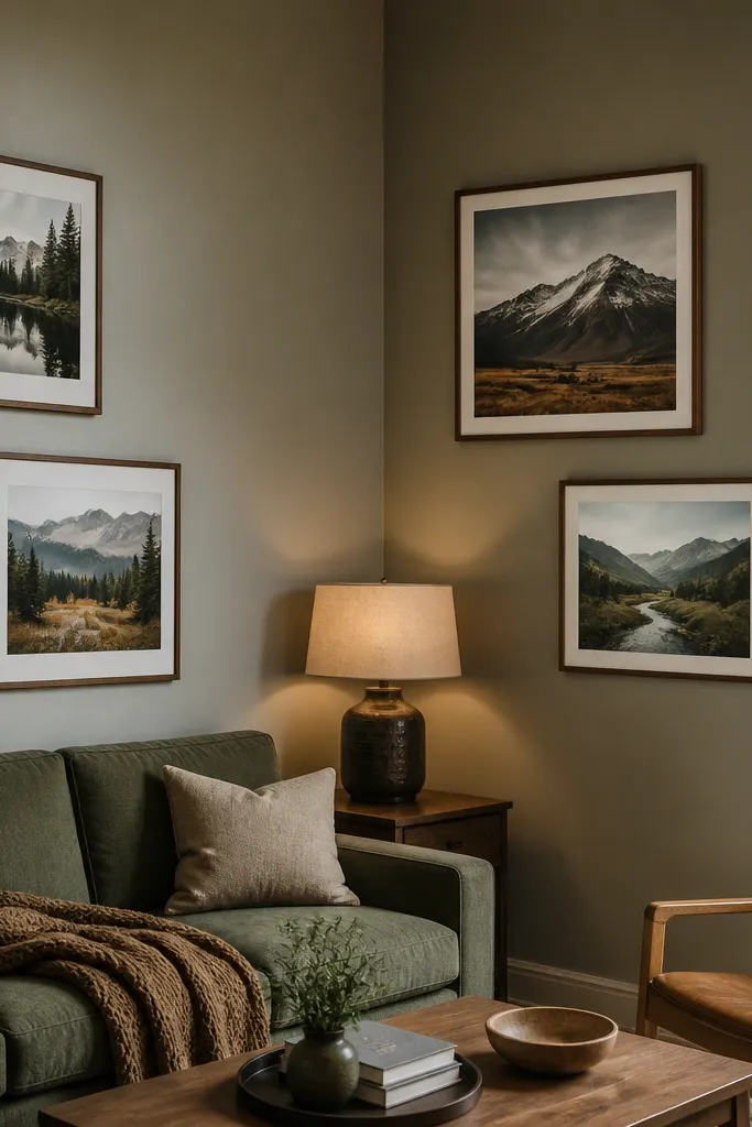 Four frames arranged across a kitchen corner with staggered heights