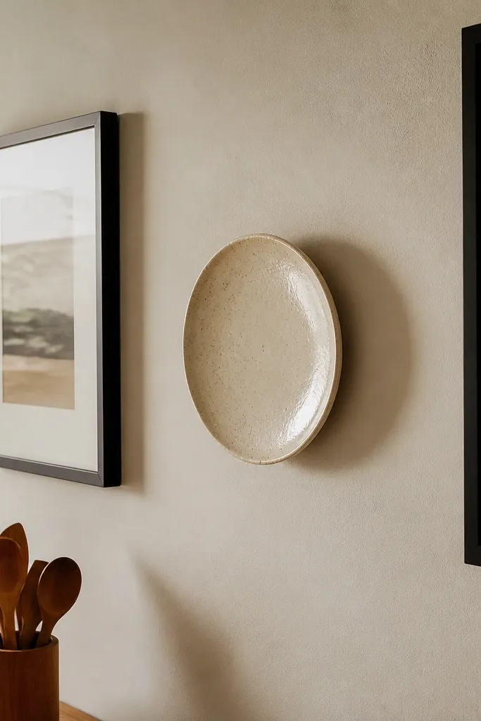 Two matte black frames flanking small cream ceramic wall art pieces