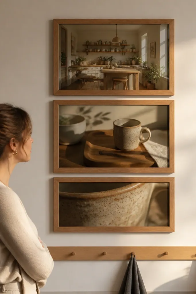 Three warm oak frames stacked vertically with different crop sizes of the same style