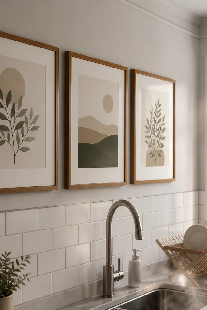 A small gallery above a kitchen sink with framed prints and sealed backs