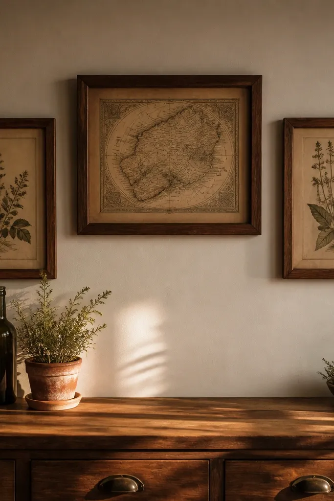 Walnut frames holding a vintage map and herb prints arranged in a mixed layout