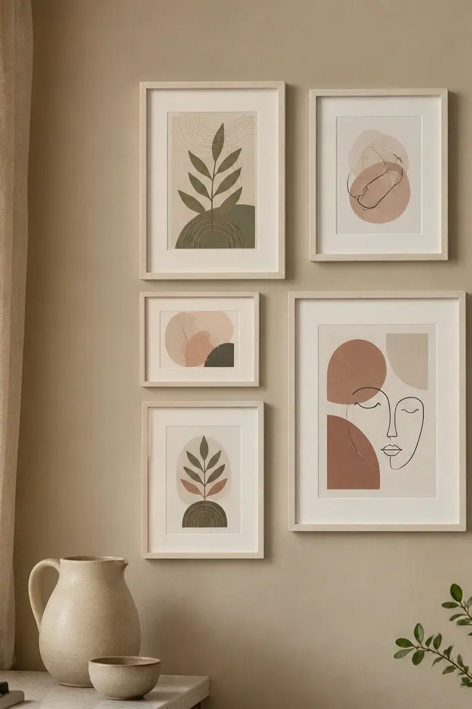 A cluster of warm white frames with minimalist line art prints in soft colors