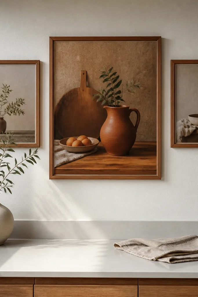One large frame flanked by two small frames on a kitchen wall