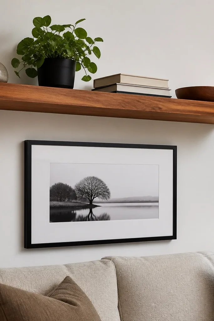 Dark walnut stained floating shelves with invisible brackets and a satin finish