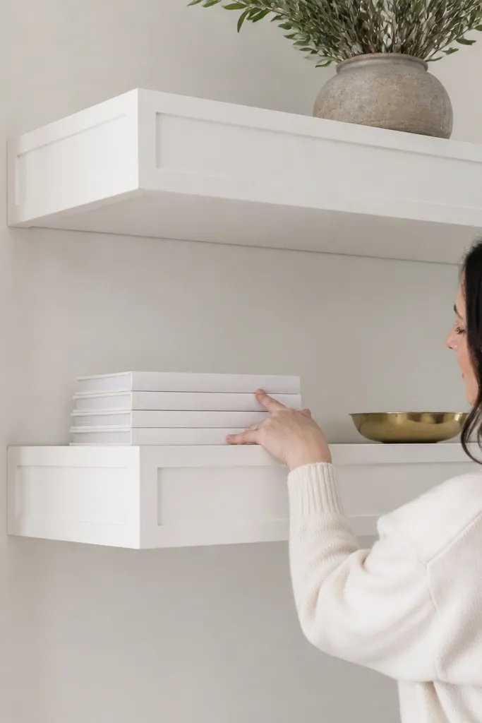 White painted floating shelves with a slim shadow line against a beige wall