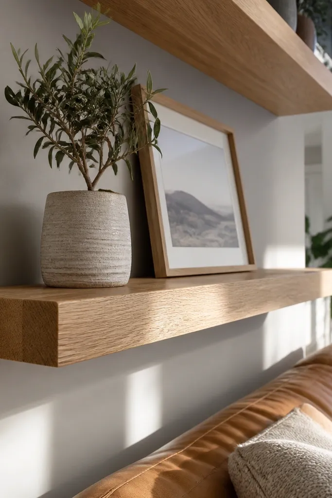 Light oak floating shelves with chamfered edges and a clear satin top coat