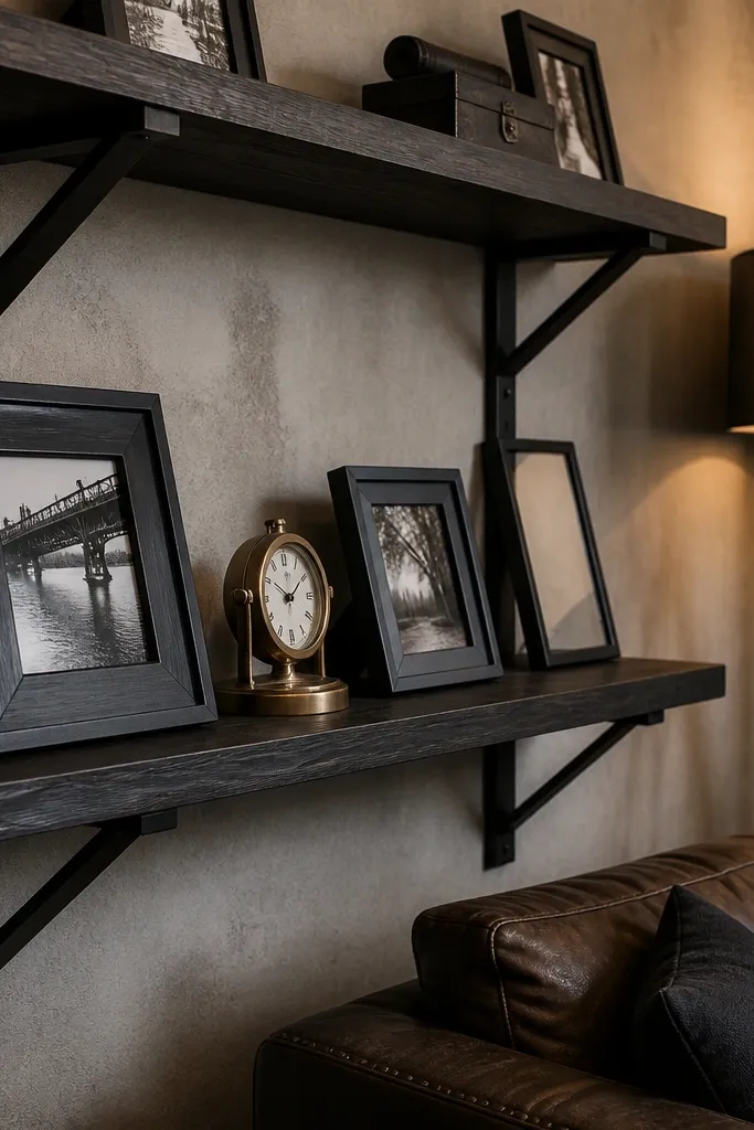 Matte dark shelves with black metal brackets and a minimalist living room vibe