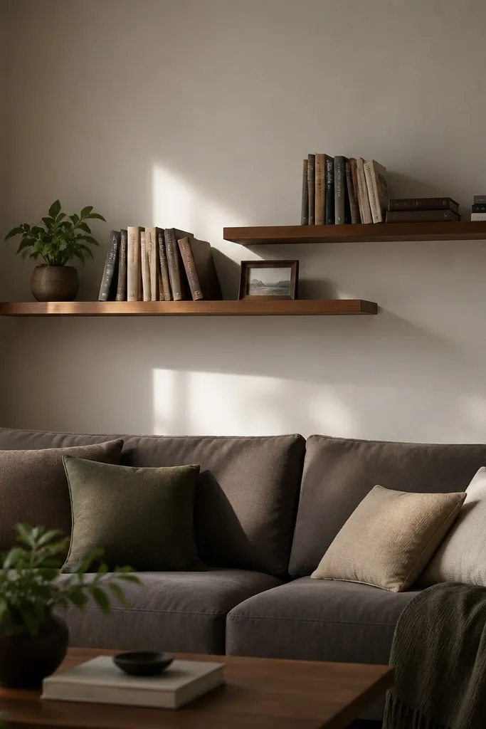 Two floating shelves staggered at different heights above a sofa, with warm wood tone