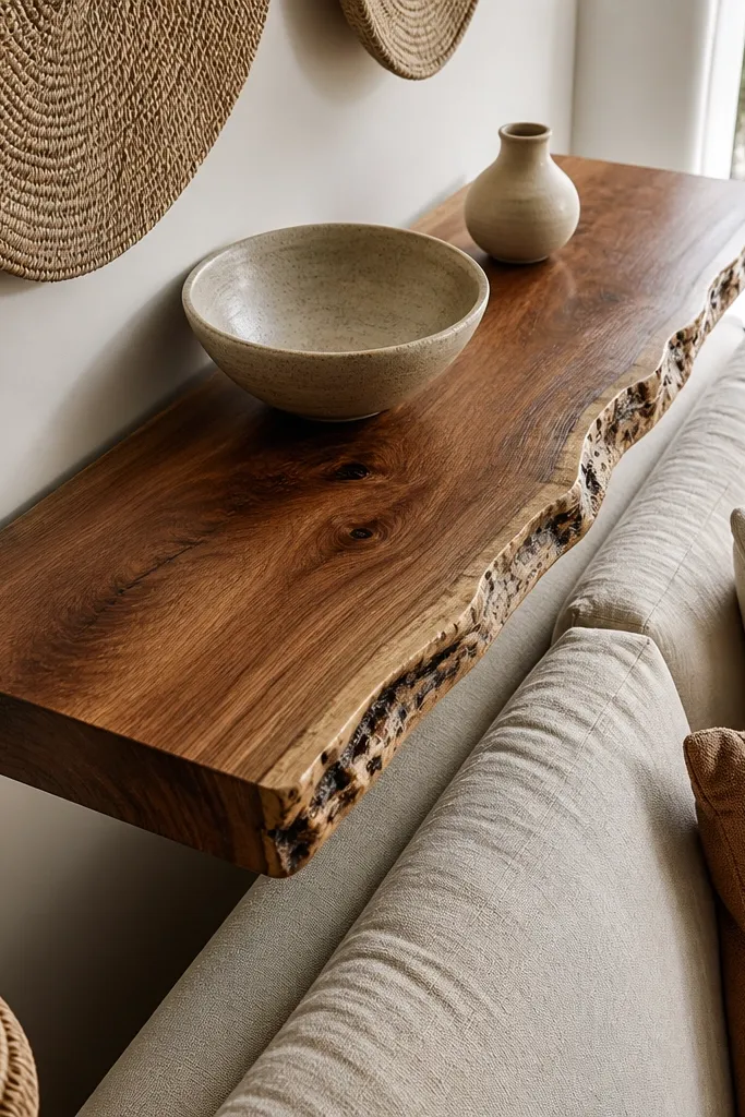 Thick live-edge floating shelf with a natural bark edge and matte finish