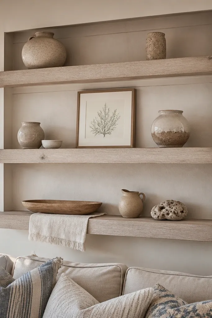 Whitewashed oak floating shelves with a recessed back panel