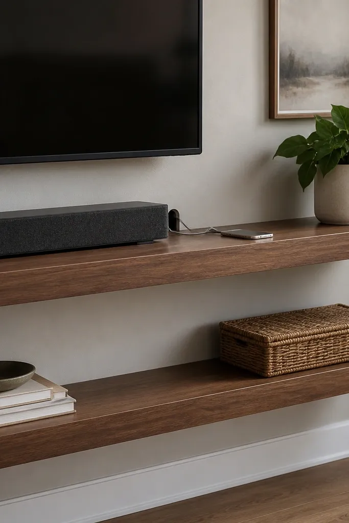 Floating shelves with a hidden cable notch and clean lines near a TV wall