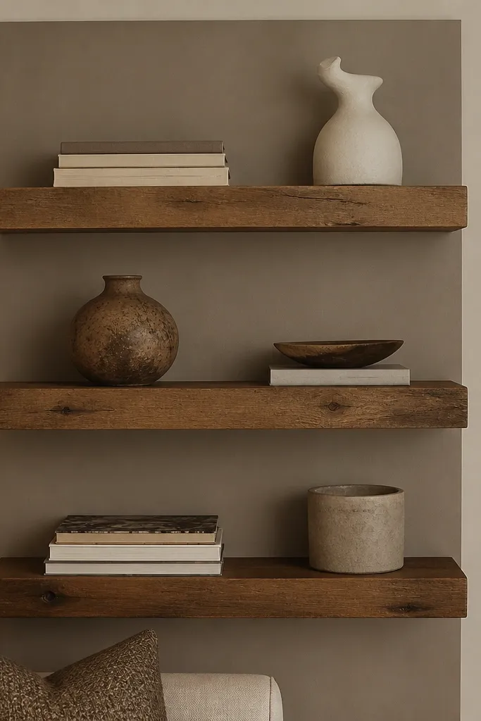 Reclaimed wood floating shelves with a painted back panel for contrast