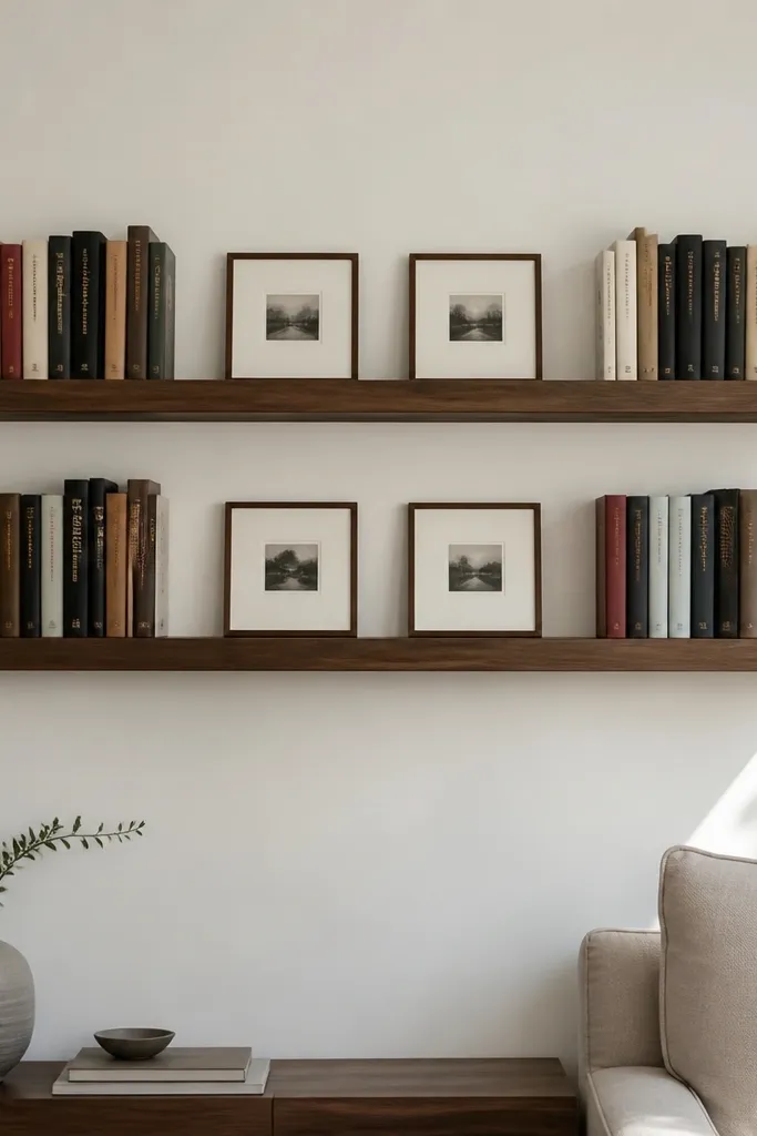 Two matching floating shelves in a grid layout with hidden hardware