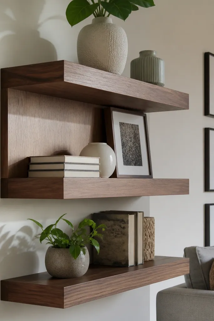 Floating shelves with a thin face frame that hides bracket lines