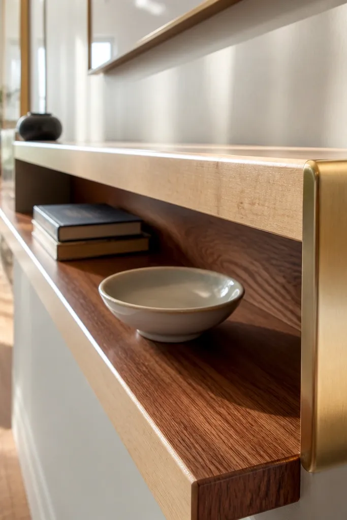 Long maple floating shelves with two-tone finish and crisp end caps