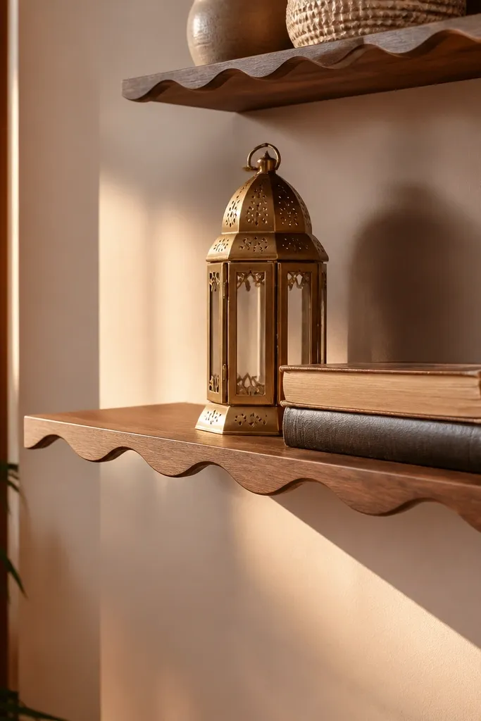 Floating shelves with scalloped front edges and hidden mounting hardware