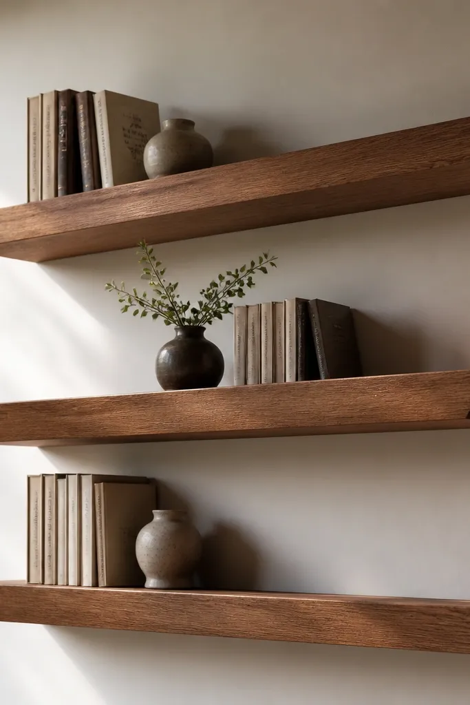 Two floating shelves with angled end blocks and hidden rail mounting