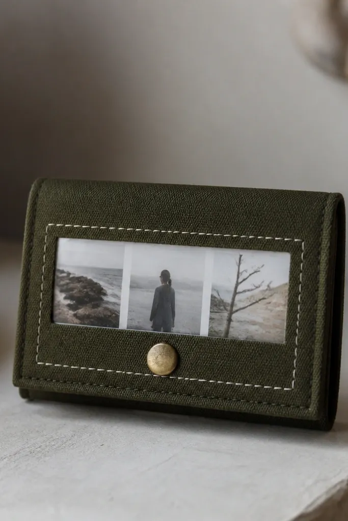 A small bifold card wallet made from dark olive canvas fabric with a neat row of white stitch marks on the front. A stitched photo strip sits behind a clear window, and the edges are trimmed straight, with a simple brass snap at the center.