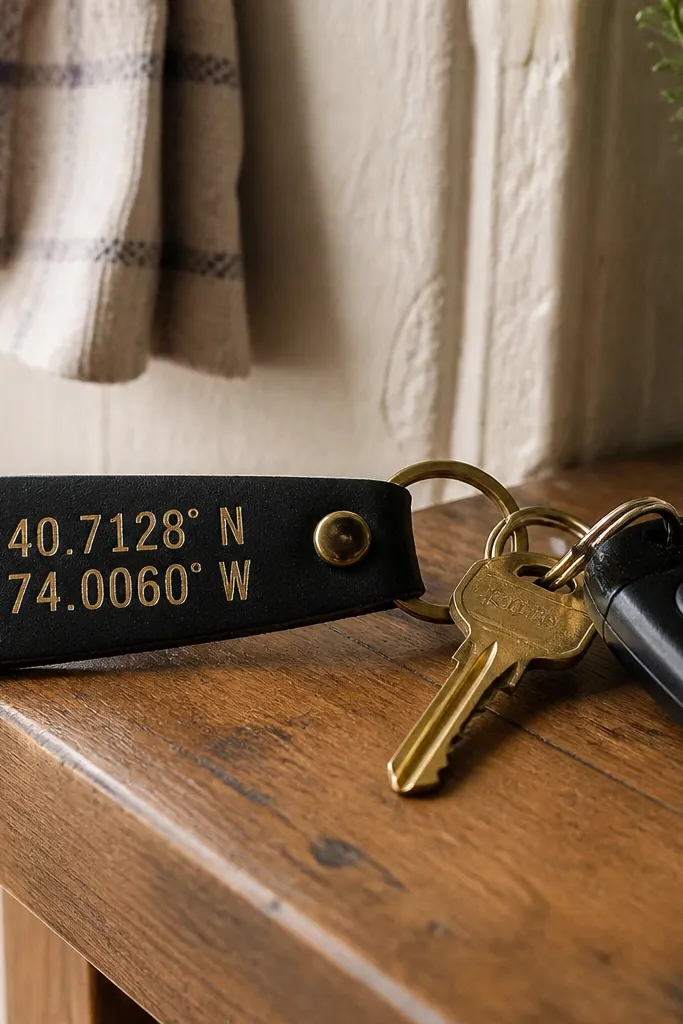 A slim keychain made from black faux leather with a small brass keyring. On the front, light tan heat-set vinyl spells coordinates in a clean block font, and a thin strip of tan faux leather hangs like a tassel.