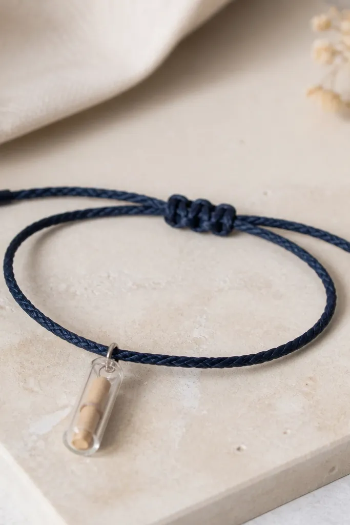 A navy braided cord bracelet with a small sliding knot and a tiny clear capsule charm. Inside the capsule, a rolled paper note is visible, and the bracelet ends are neatly finished with heat-sealed cord tips.