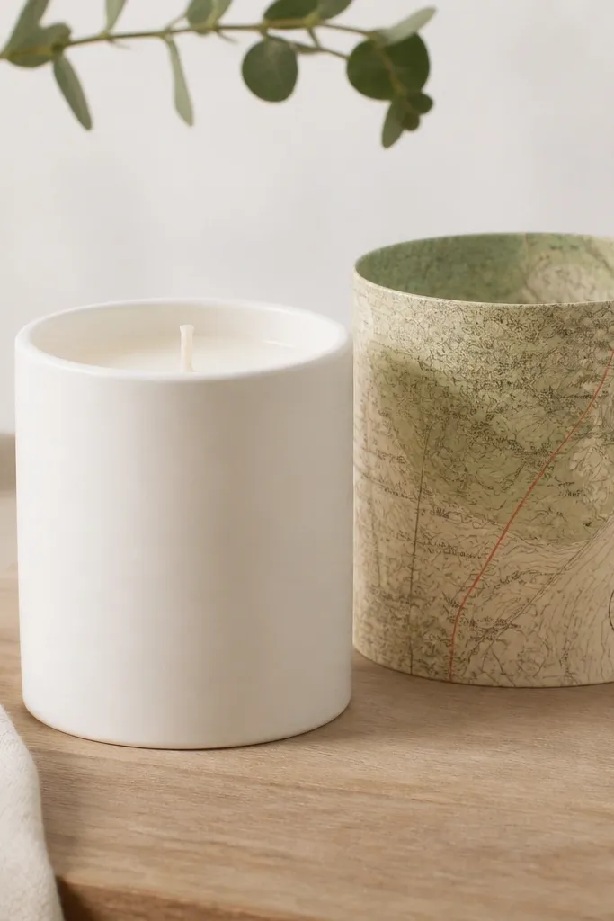 A plain white candle with a removable label sleeve. The label shows a vintage map pattern in muted green and tan, with a small black date stamp in the corner and a thin red line like a route.