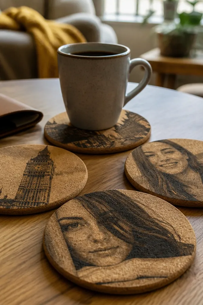 Four square cork coasters with a sepia photo transfer in the center. Each photo is surrounded by a thin black border, and the cork edges are clean and sanded.