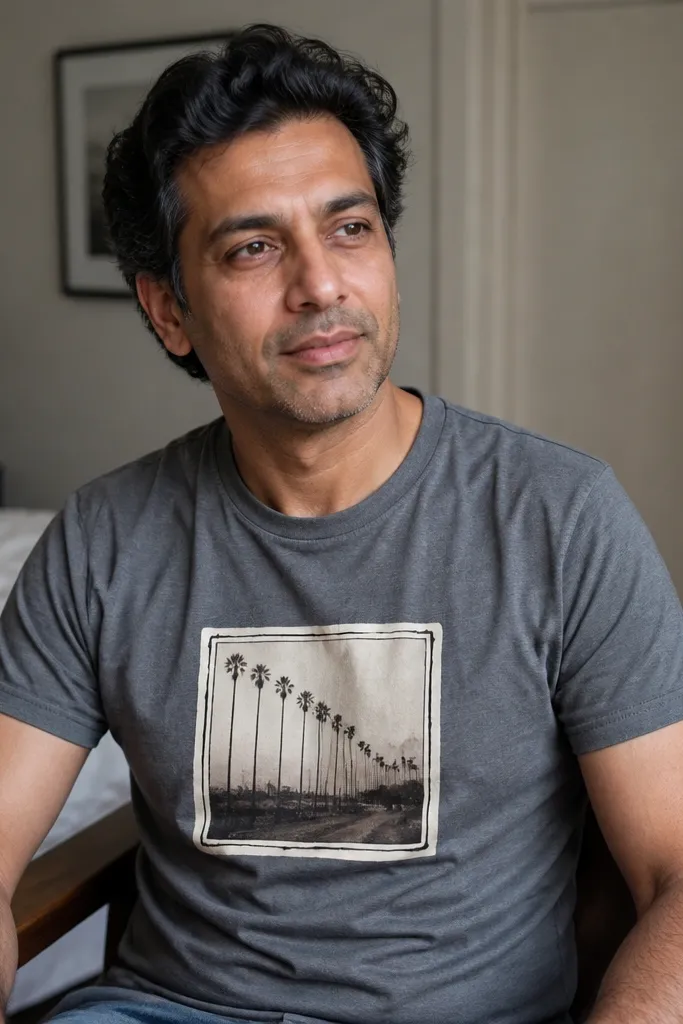 A white T-shirt with a small rectangular patch on the chest. The patch shows a tiny photo in sepia with a hand-drawn border, and the edges look clean like they were professionally heat-pressed.