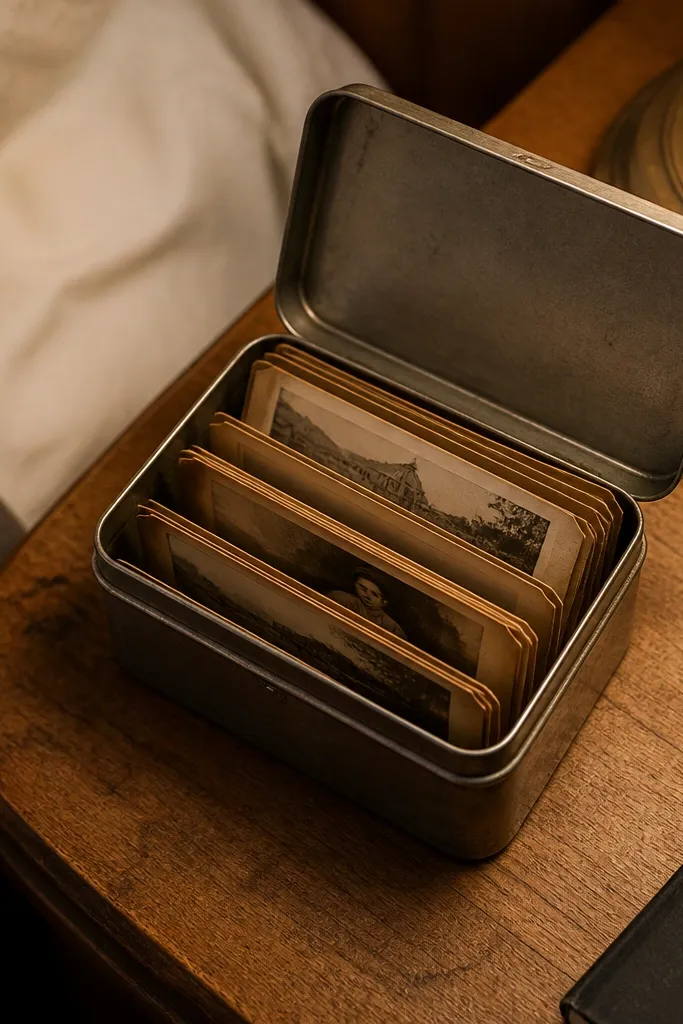 A small metal tin with a hinged lid. The inside has a mini accordion-style photo page with three clear tabs, and each tab holds a photo strip and a short handwritten caption.