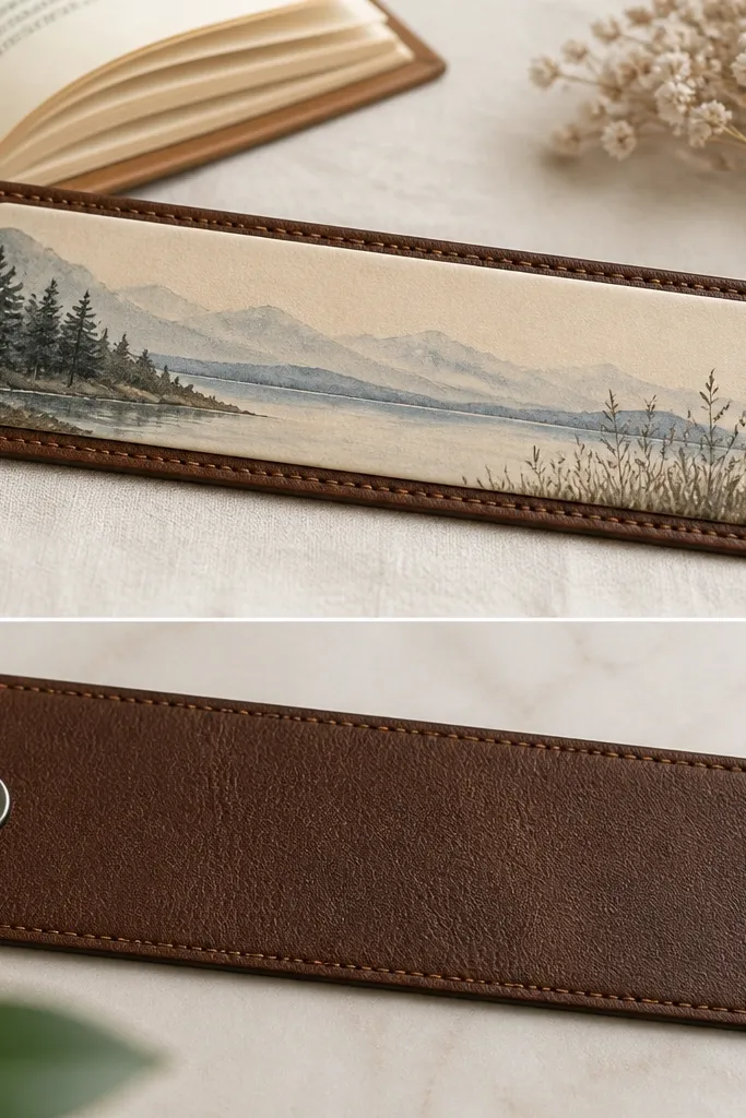 A rectangular bookmark with a faux leather border in brown and a central printed quote. Two small magnets sit on the back corners, and the quote panel looks like a clean label.