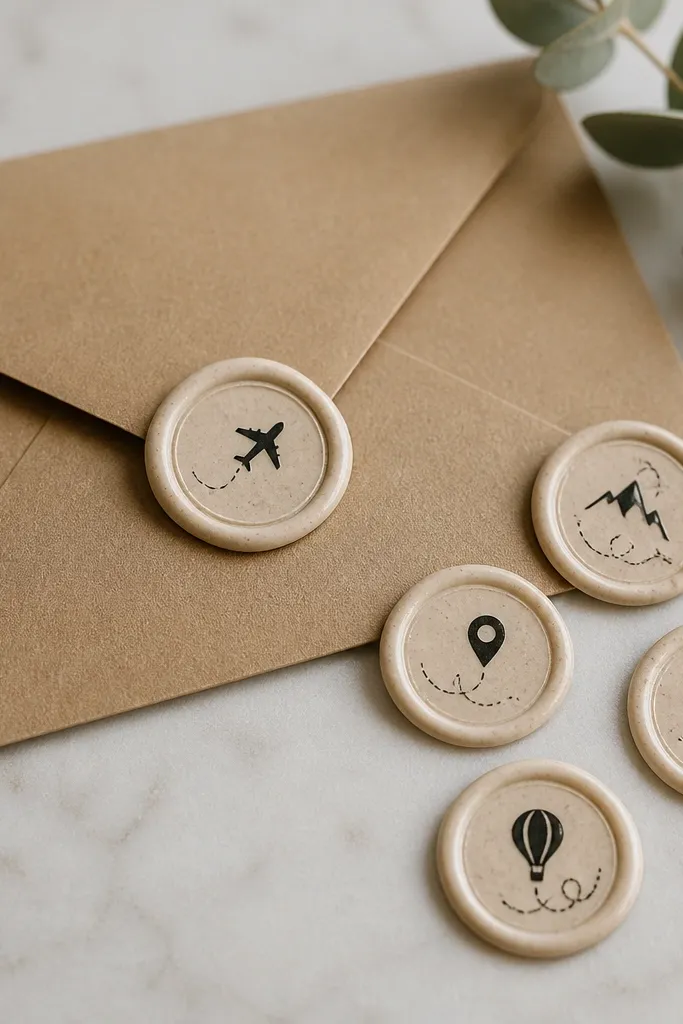 A set of small round wax seal stickers on a kraft envelope. Each seal has a simple black icon and a tiny printed route line, and the stickers look like real wax with a slightly textured surface.