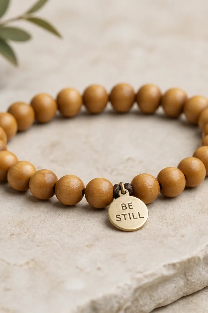 A bracelet made of warm honey wood beads with a small stamped metal tag near the center. The string is tight and even, and the tag has two lines of text in a clean stamp style.