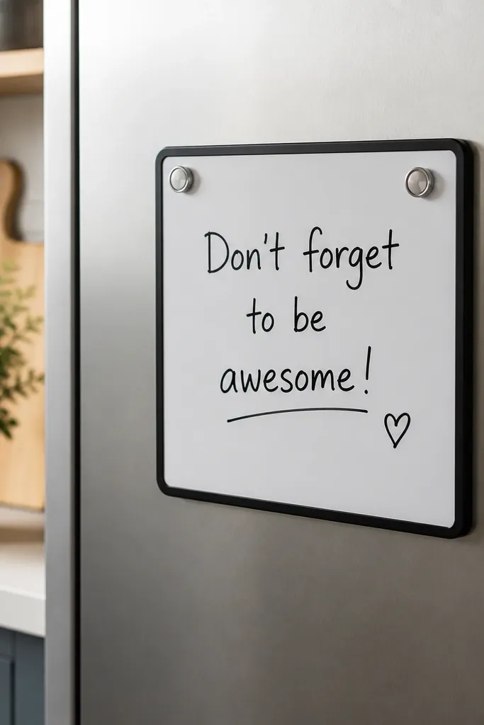 A small rectangular dry-erase board mounted on a magnetic backing. The front has a thin black frame, and two magnets hold it to a fridge, with a handwritten message visible on the board.