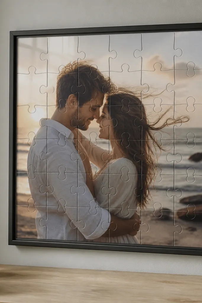 A framed puzzle-piece style wall panel made from multiple small photo tiles. Each tile is a different piece of one image, and the frame is simple black with a glass front.