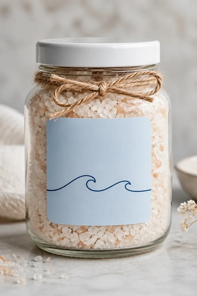 A jar of bath soak with a custom label. The label has a pale blue background, a simple wave line, and a handwritten-style caption in dark navy, with a twine bow at the top.