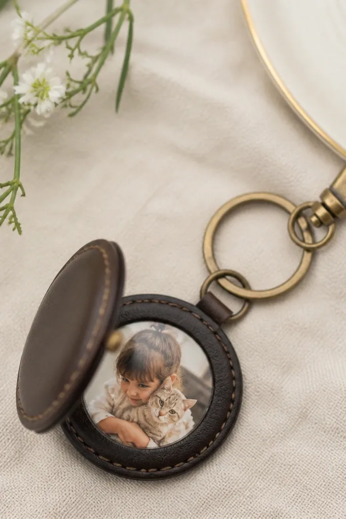 A small leather-look locket keyring with a hinged front. Inside the clear window is a tiny photo, and the outside has a stitched edge and a simple antique gold clasp.