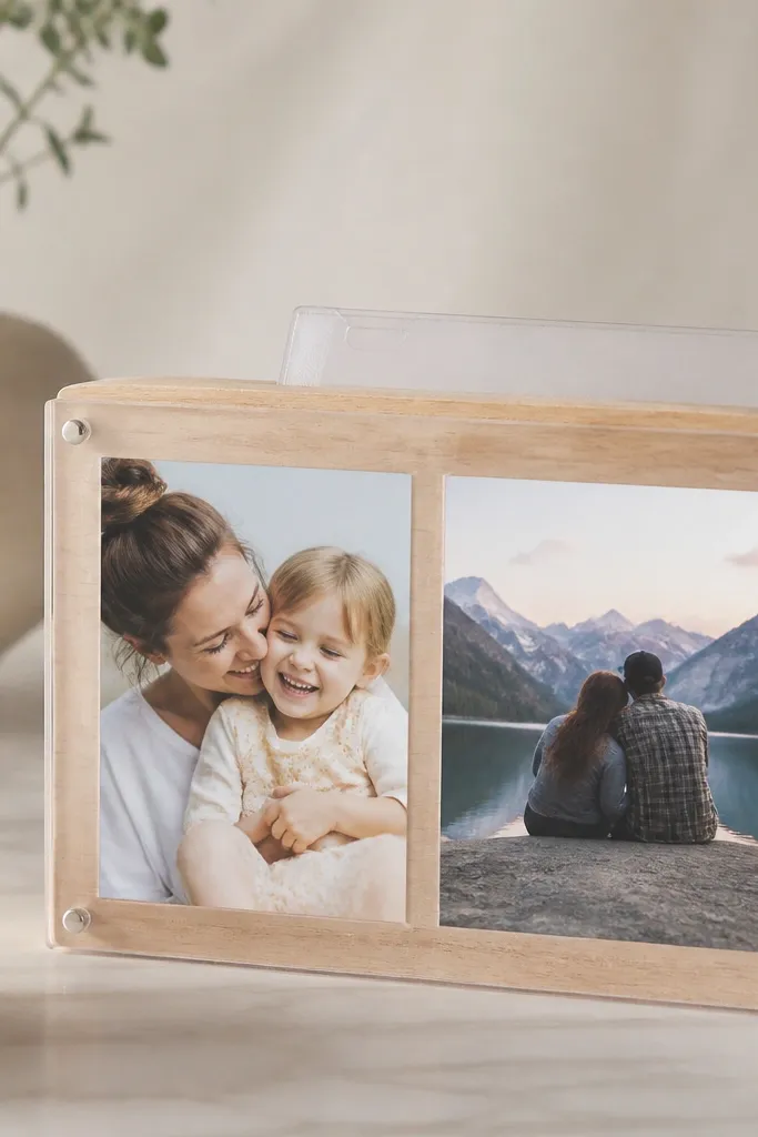 A small desk photo frame with a simple wood back and a sliding insert slot. Two photos are visible through a clear front cover, and the insert slot has a clear plastic sleeve for future swaps.