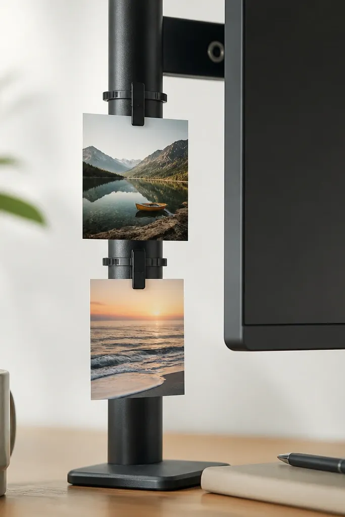 A neat set of mini photo clips attached to a monitor stand using black cable ties. Two small photos sit in the clips, and the setup looks tidy with no loose wires.
