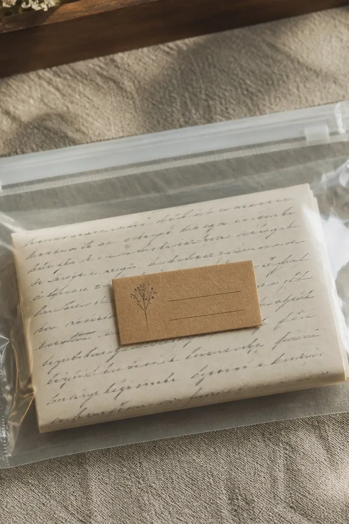 A neatly folded handwritten letter placed inside a clear waterproof zip pouch. The pouch is sealed, and a small kraft label on the outside has a date and a short message.