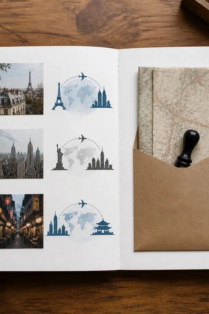 An 8x8 scrapbook page with a muted blue background. A small pocket made from kraft cardstock sits on the right side holding a folded note. Behind the pocket, a faint stamped map pattern is visible, and two tiny circle stamps mark two cities connected by a thin dashed line made with a fineliner.