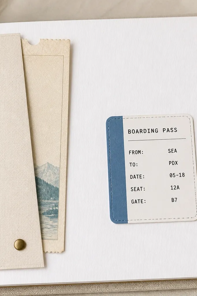 A scrapbook page with a clean white background. On the left is a vertical ticket stub tucked behind a narrow cardstock flap. On the right is a small "boarding pass" style label with a blue stripe, black text, and a faint dotted line border.