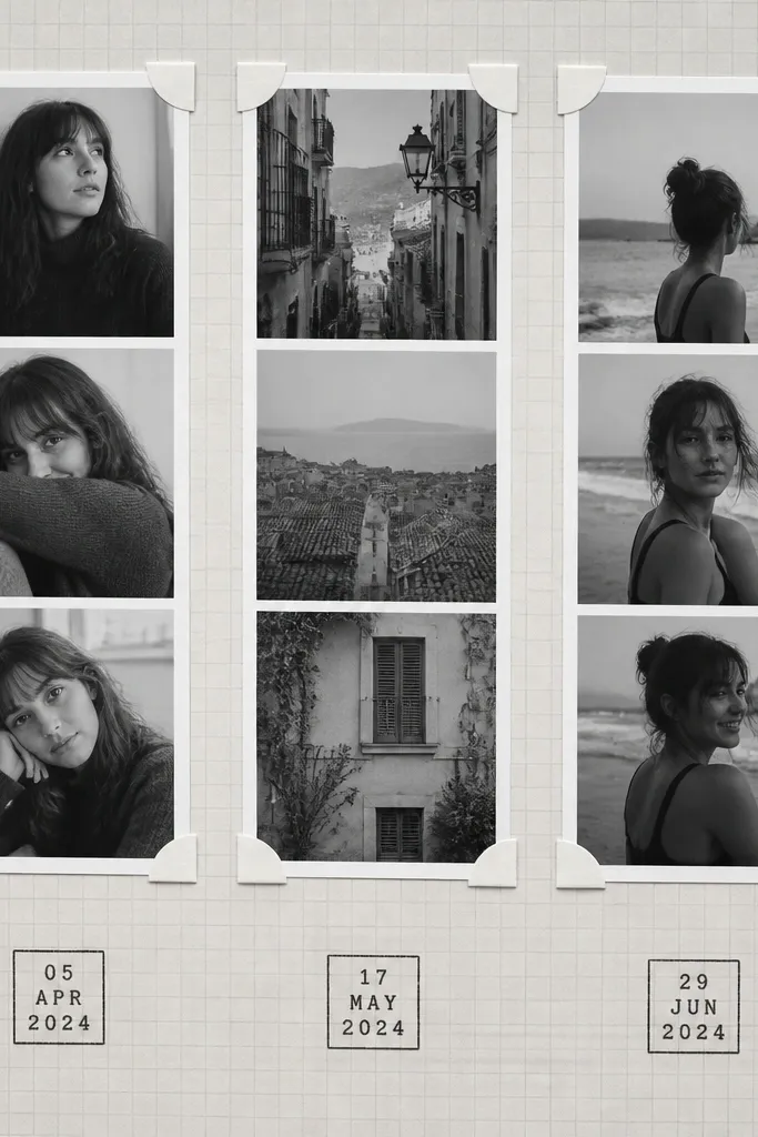 A page with a grey grid background. Three black-and-white photo strips are lined horizontally in the top half. Below them, small square boxes hold stamped dates in black ink, and the corners have simple rounded photo corner tabs.