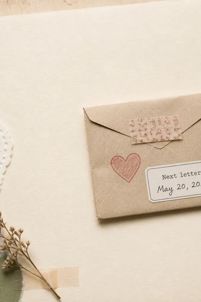 A scrapbook page with a pale cream background. A small paper envelope sits on the right side with the flap closed by a strip of washi tape. The envelope has a stamped heart and a printed label that says "Next letter" with a handwritten date.