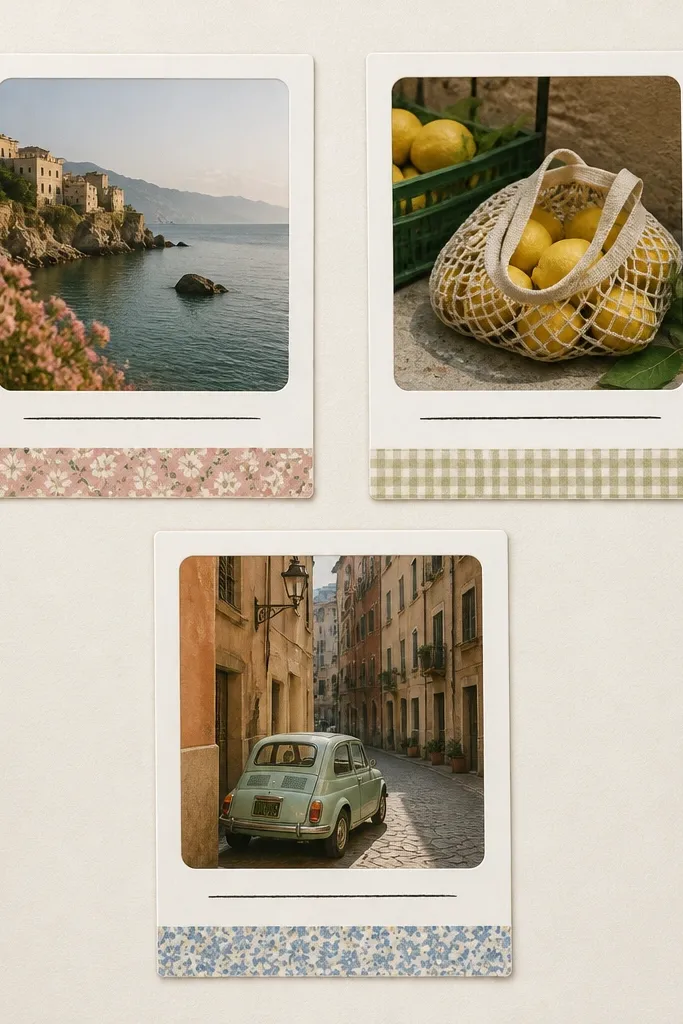 A page showing three faux Polaroid frames made from off-white cardstock. Each frame has rounded photo corners and a small strip of patterned paper at the bottom. Under the photos, there's a single line caption in black marker.
