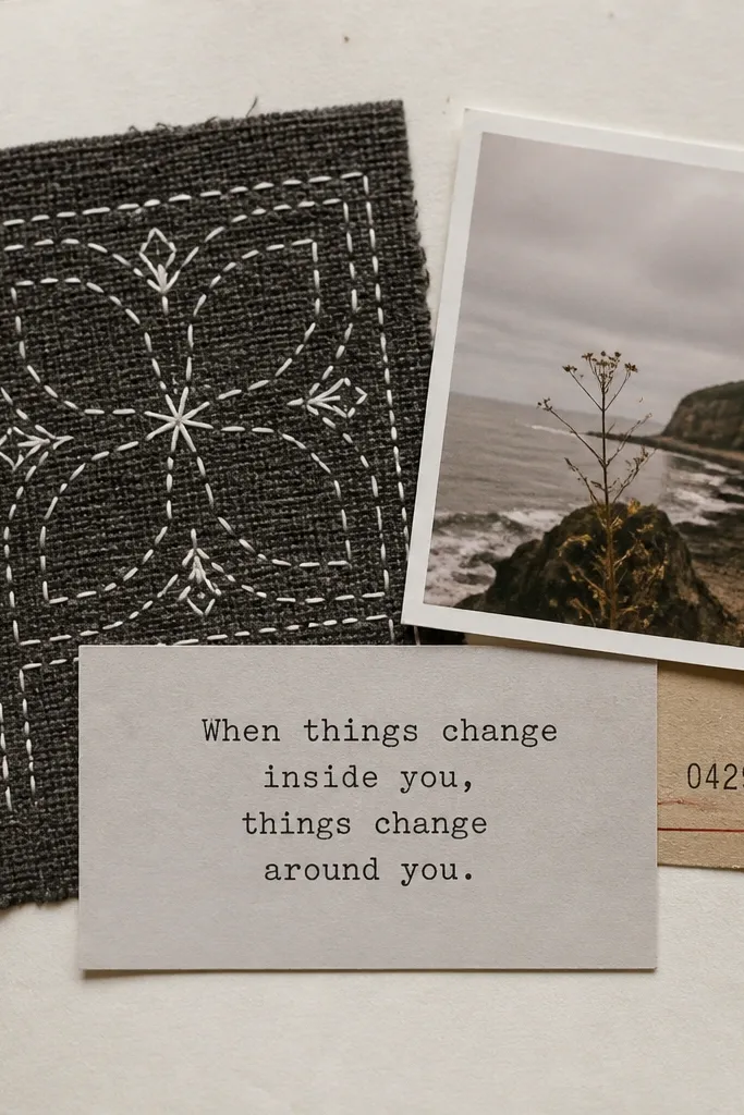 A page with a charcoal fabric swatch on the left, stitched-style lines drawn with a white gel pen. A small photo sits partially on top of a ticket stub on the right. A typed quote label sits centered in a light grey rectangle.