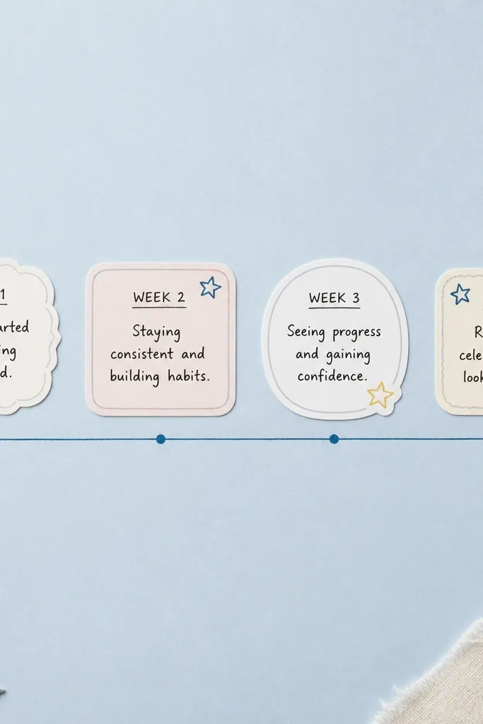 A page with a light blue background. A horizontal timeline line runs across the middle. Four small sticker labels sit above the line, each with a week number and a short handwritten check-in message. Tiny star doodles mark the labels.