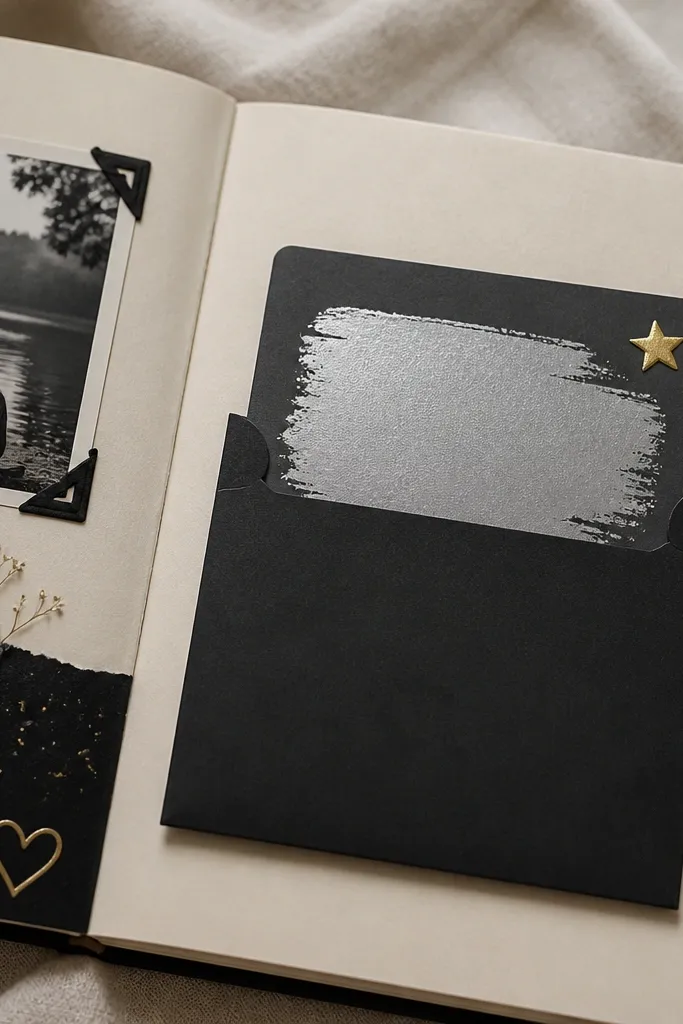 A scrapbook page with a matte black pocket on the right. Inside the pocket is a small card covered in a silver scratch-off coating. A handwritten promise sits under the scratch area, and a small star sticker decorates the corner.
