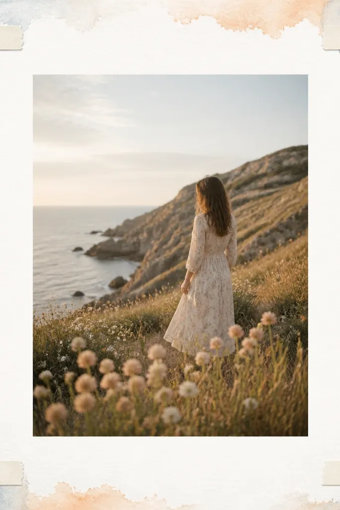 A page with a light white base. A soft watercolor border in pale blue and peach runs along the edges. In each corner, a small photo corner tab holds a tiny caption strip. The center has one photo.