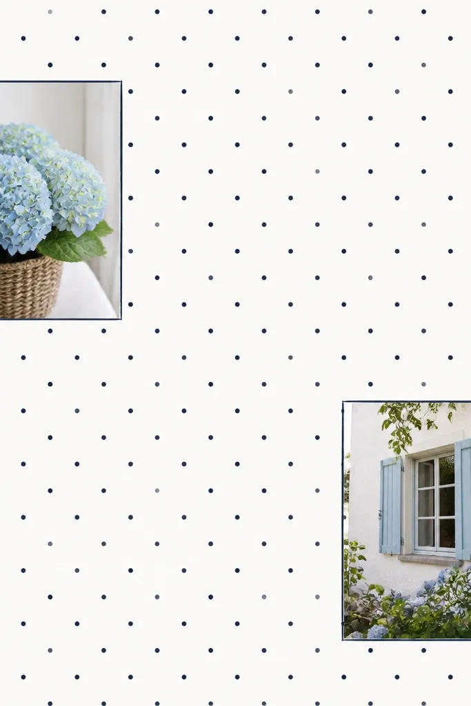 A page with a white background and small navy polka dots. Two small rectangular cutouts show photos underneath. The cutout edges are clean and outlined with a thin navy marker line.