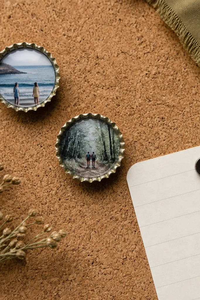 A scrapbook page with a corkboard-style background. Two small bottle caps are attached like mini photo holders. Each bottle cap has a tiny photo inside, and a small magnet holds a note card corner.